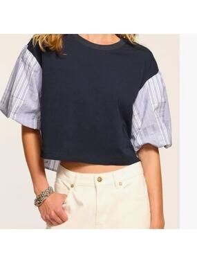 Ramy Brook Women's Toula Mixed Media Crop Cotton Top Navy Blue White Sz L
